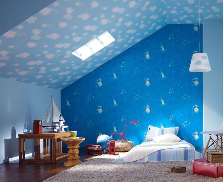 Blue Dolphin Wallpaper Clouds On Sloping Ceiling Soft Colors
