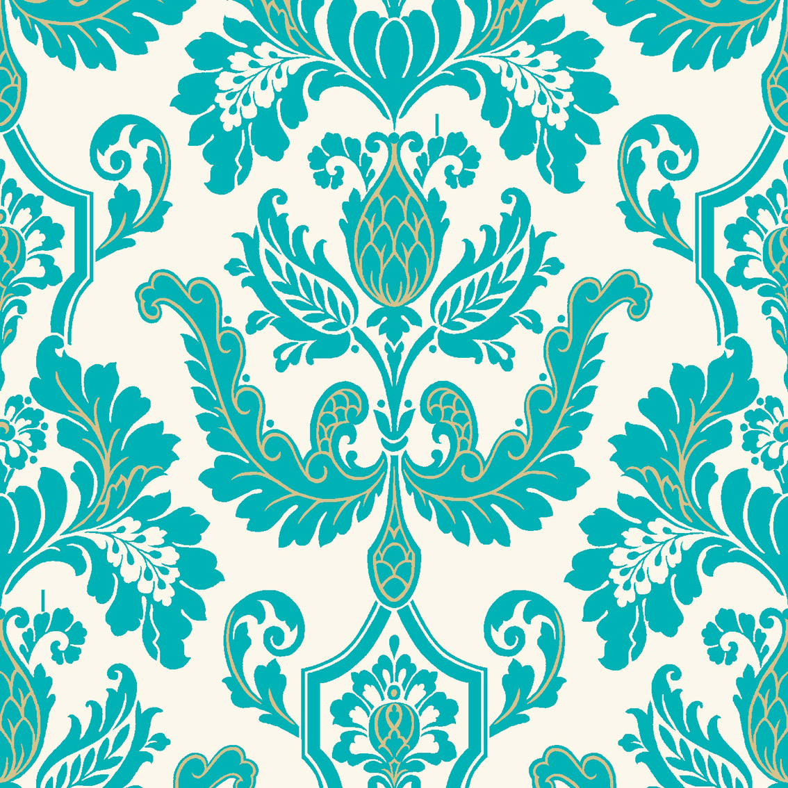 Cicely is a modern ornamental damask screen printed with genuine teal