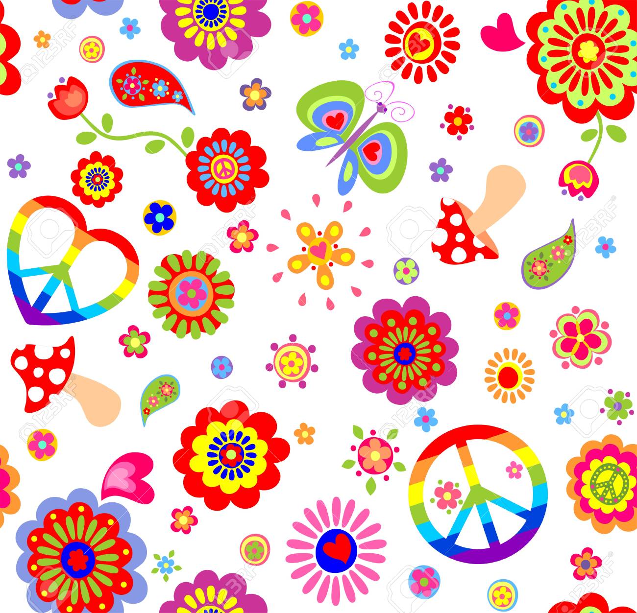 Childish Wallpaper With Colorful Hippie Peace Symbol Butterfly
