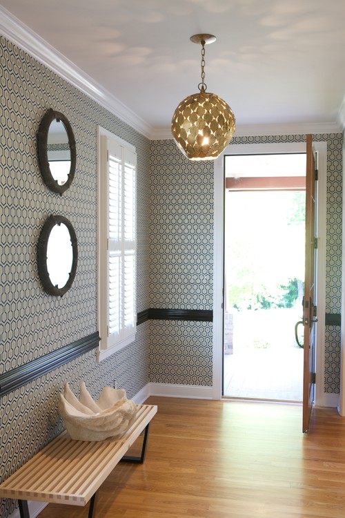 This Entryway Works With Beautiful Wallpaper A Modern Chandelier And