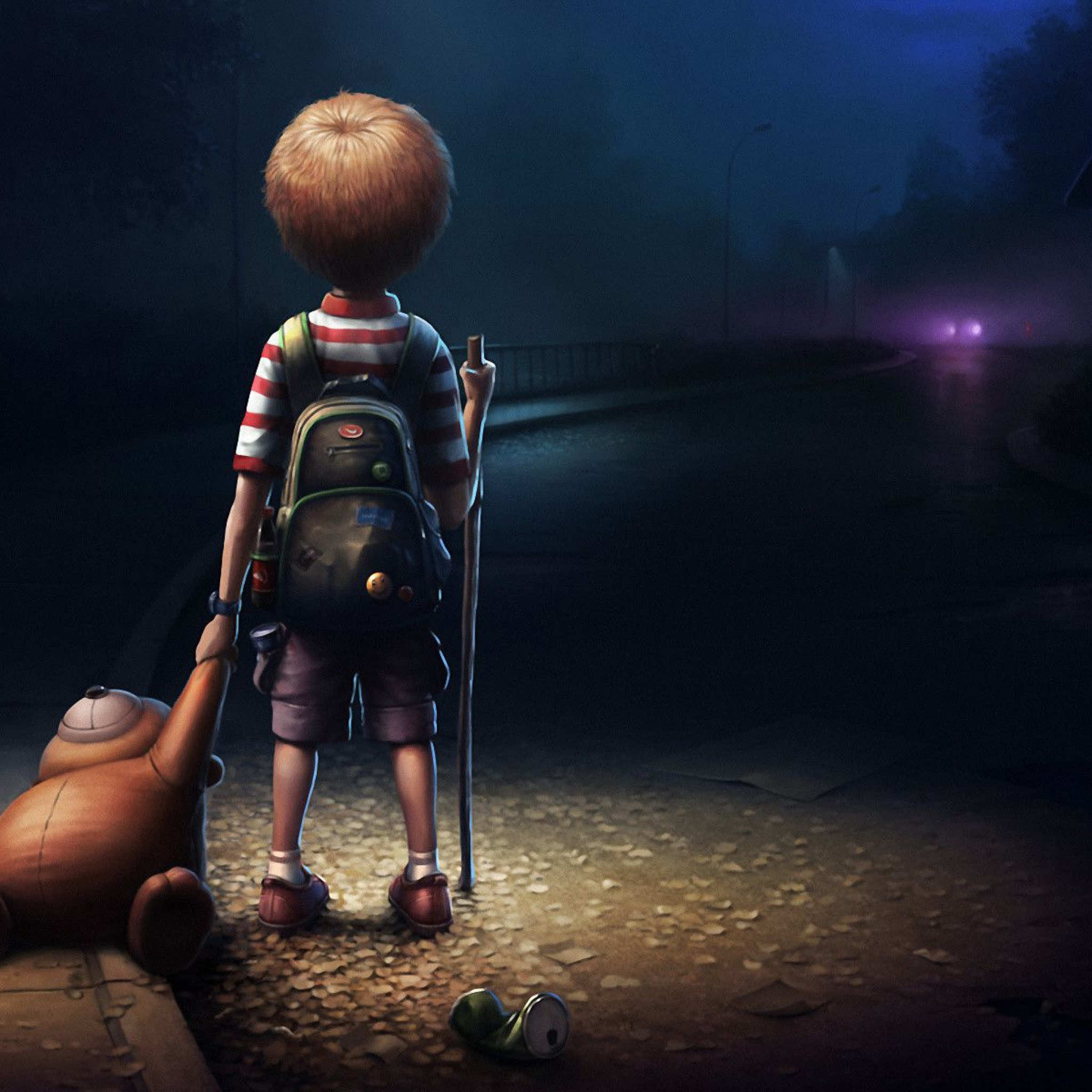 A lone child with a teddy bear and backpack walks down a dimly lit road at night, evoking a sense of loneliness and sadness