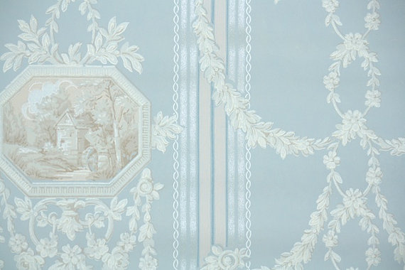 Vintage Wallpaper Blue And White Victorian With Country Scenic Cameo