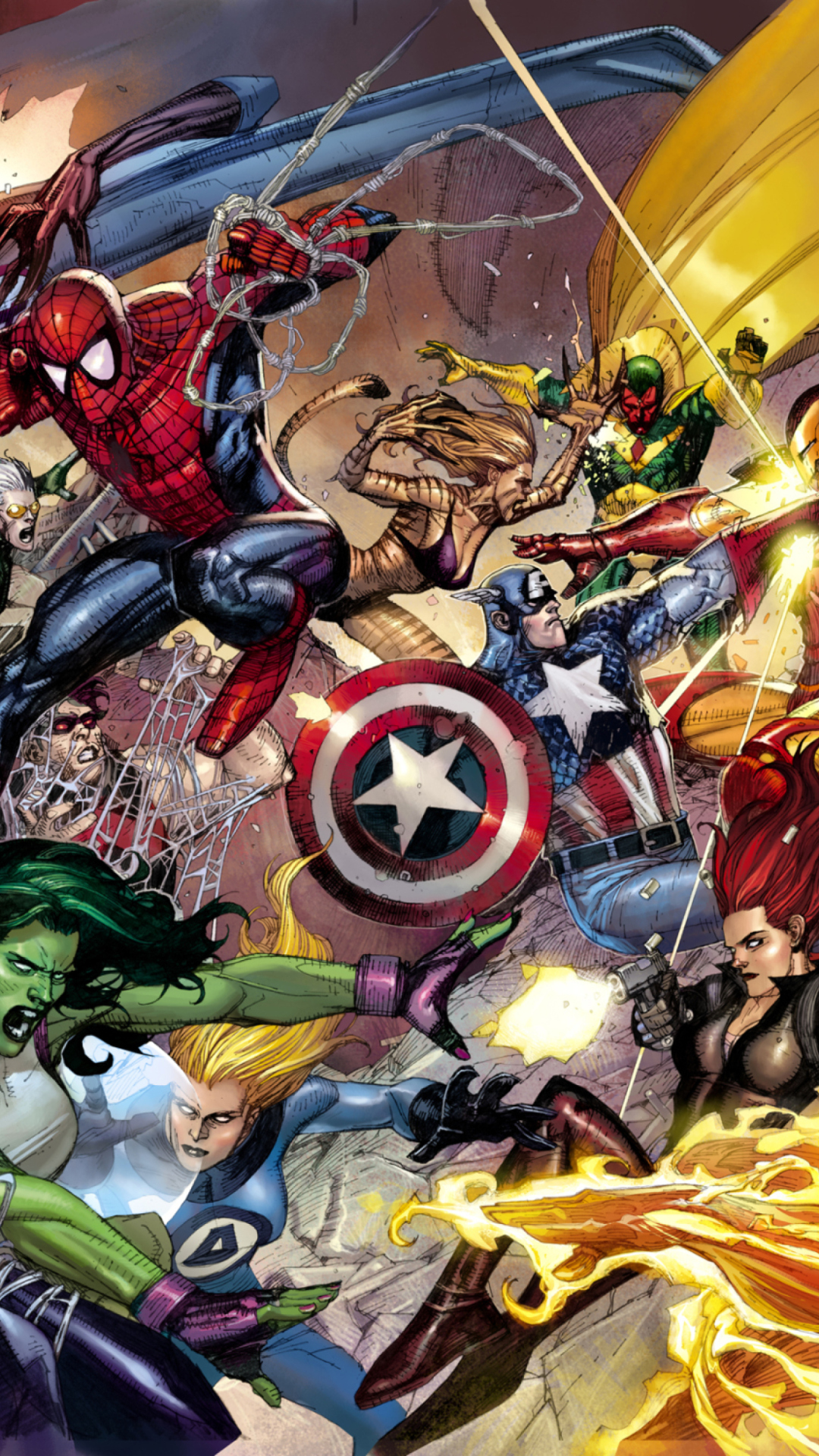 A dynamic illustration of Marvel superheroes in action, including Spider-Man, Captain America, She-Hulk, and others, engaged in a fierce battle