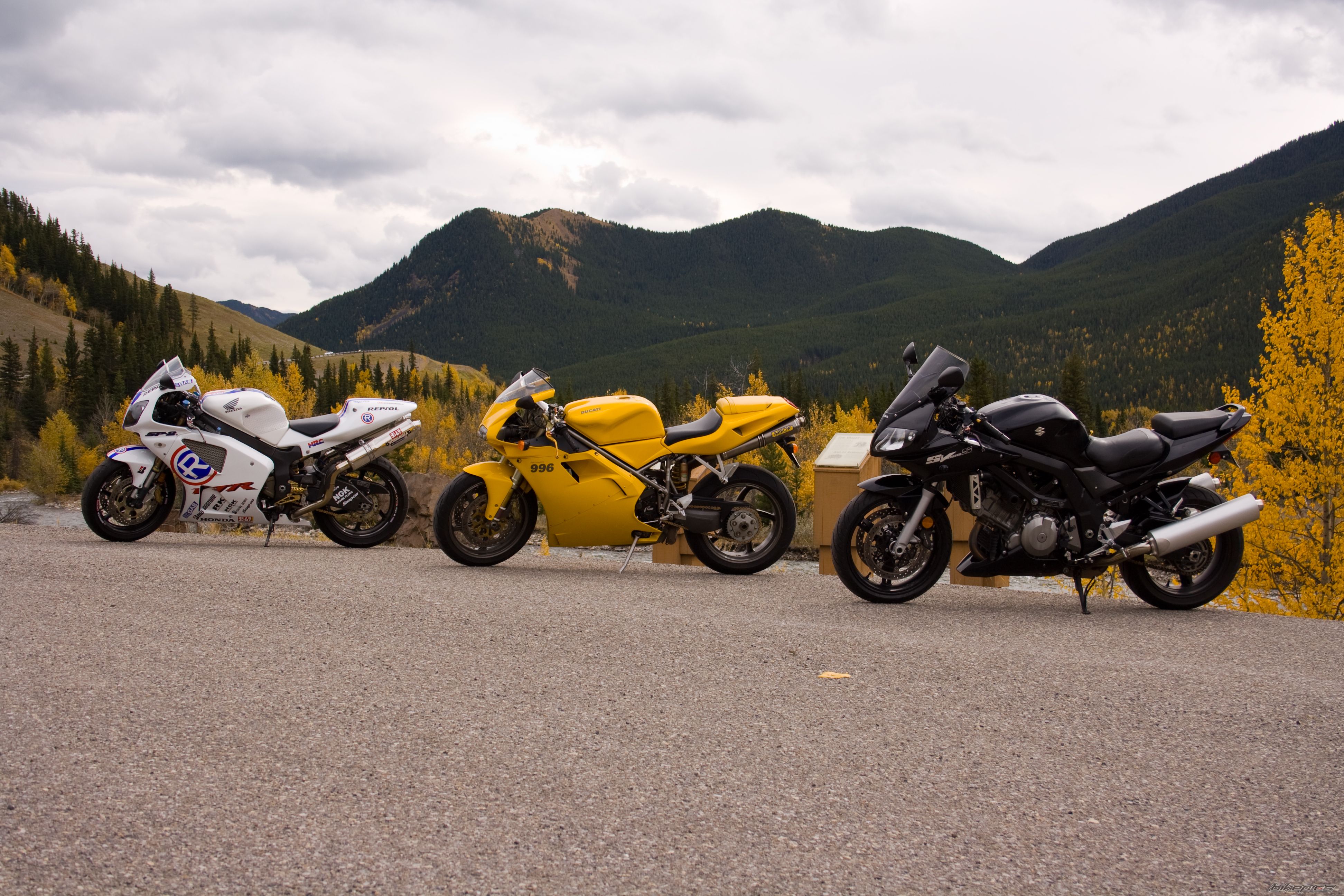 Three sport motorcycles parked on a mountain road overlook, including a Ducati 996 and a Honda CBR
