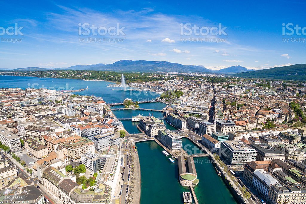 Aerial Of Leman Lake Geneva City In Switzerland Stock Photo