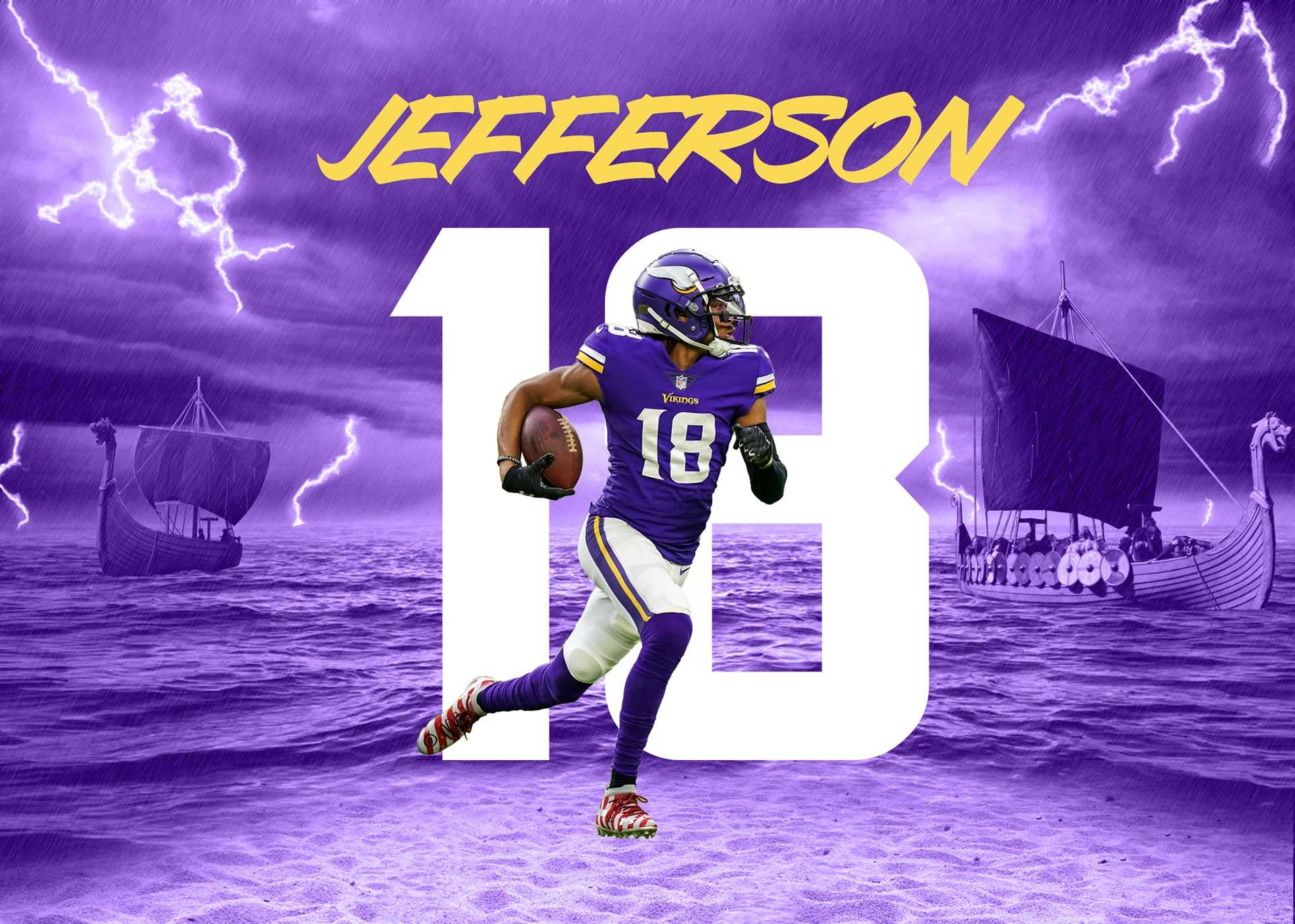 Justin Jefferson, wide receiver for the Minnesota Vikings, running with the football. The background features a stormy sea and Viking longboats, reflecting the team's Norse heritage