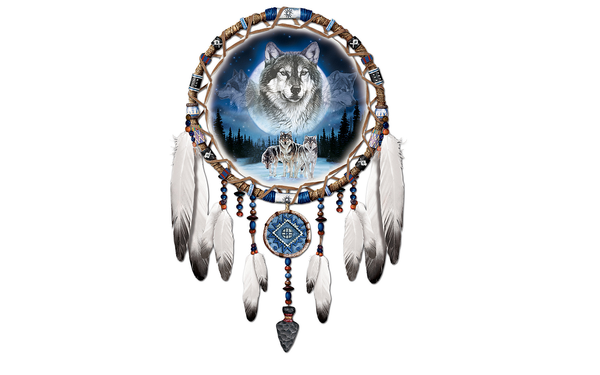 Dreamcatcher Wolves Feathers White Background