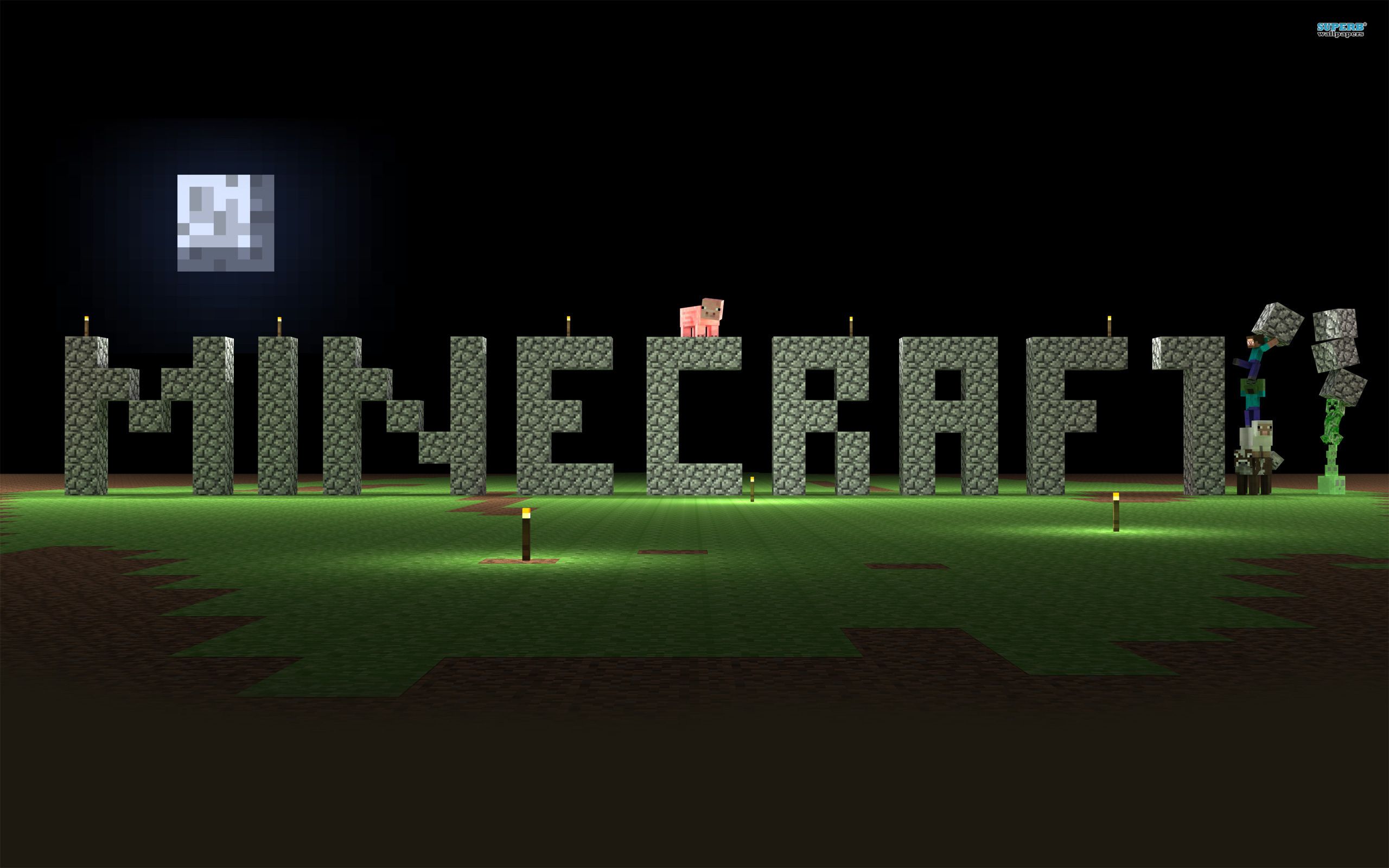 Minecraft title logo made of cobblestone blocks in a pixelated grassy landscape under a square moon