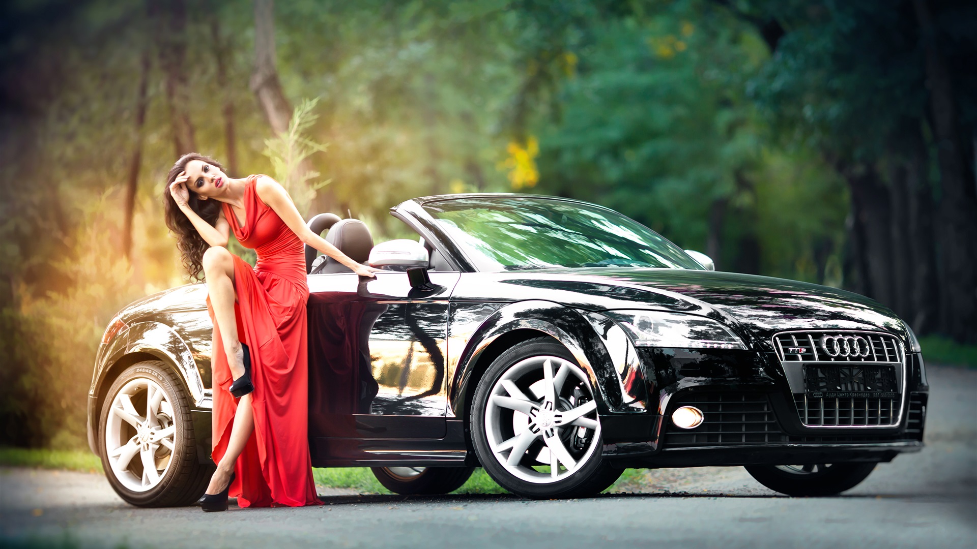 Wallpaper Red Dress Girl And Black Audi Car HD Picture