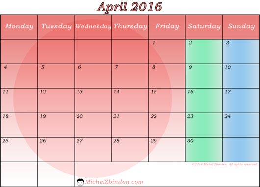 April 2016 Calendar Printable While color background red l