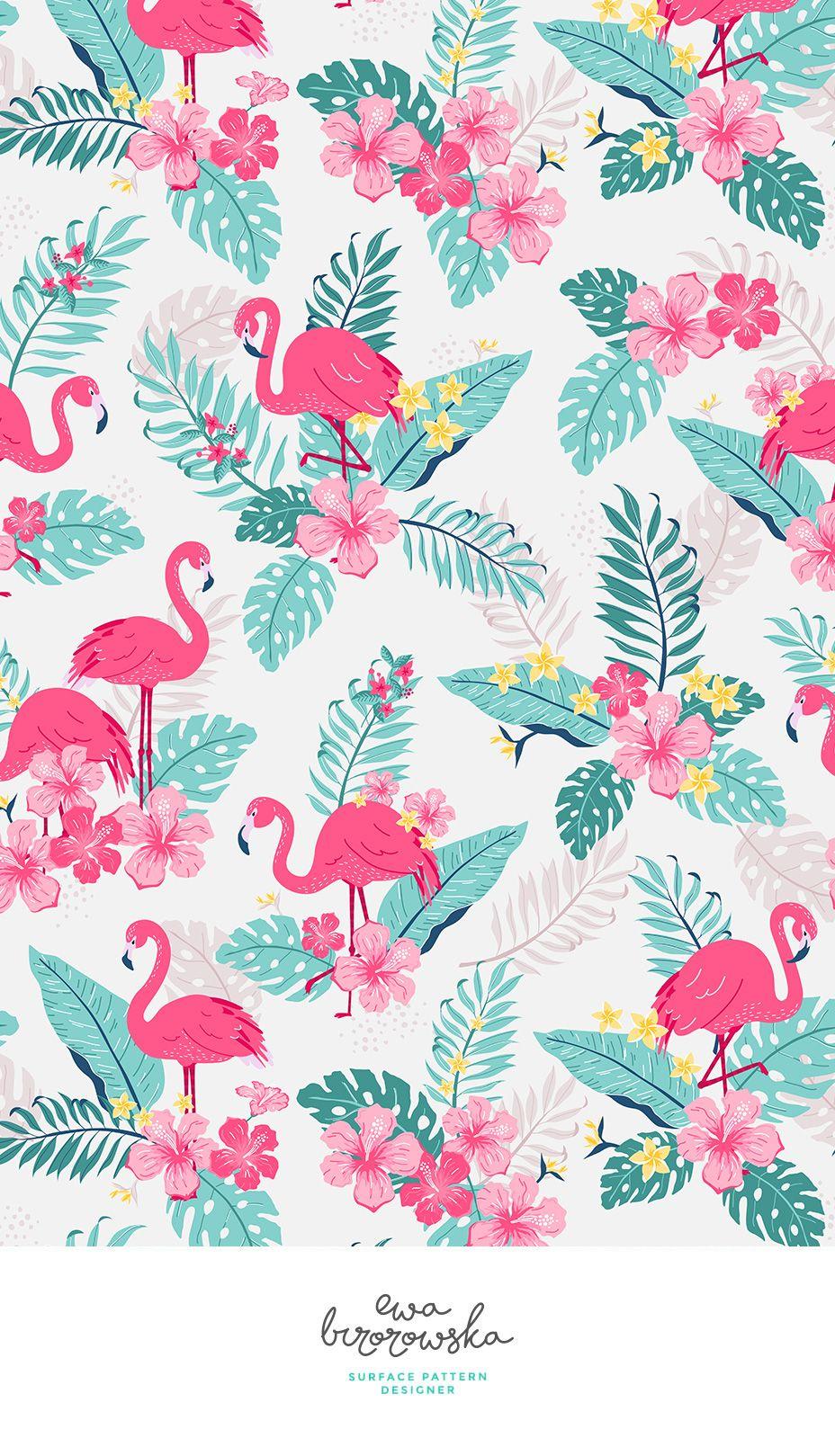 Tropical Flamingos Grey Fabric Flower Illustration