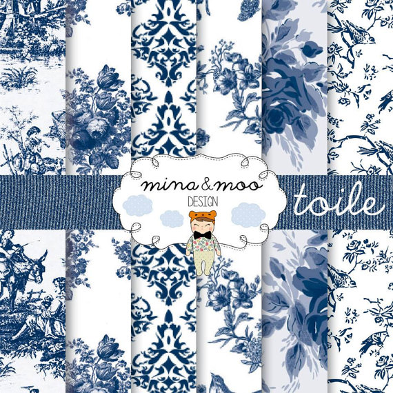 Toile De Jouy Pattern Blue Digital By Minaandmoodesign