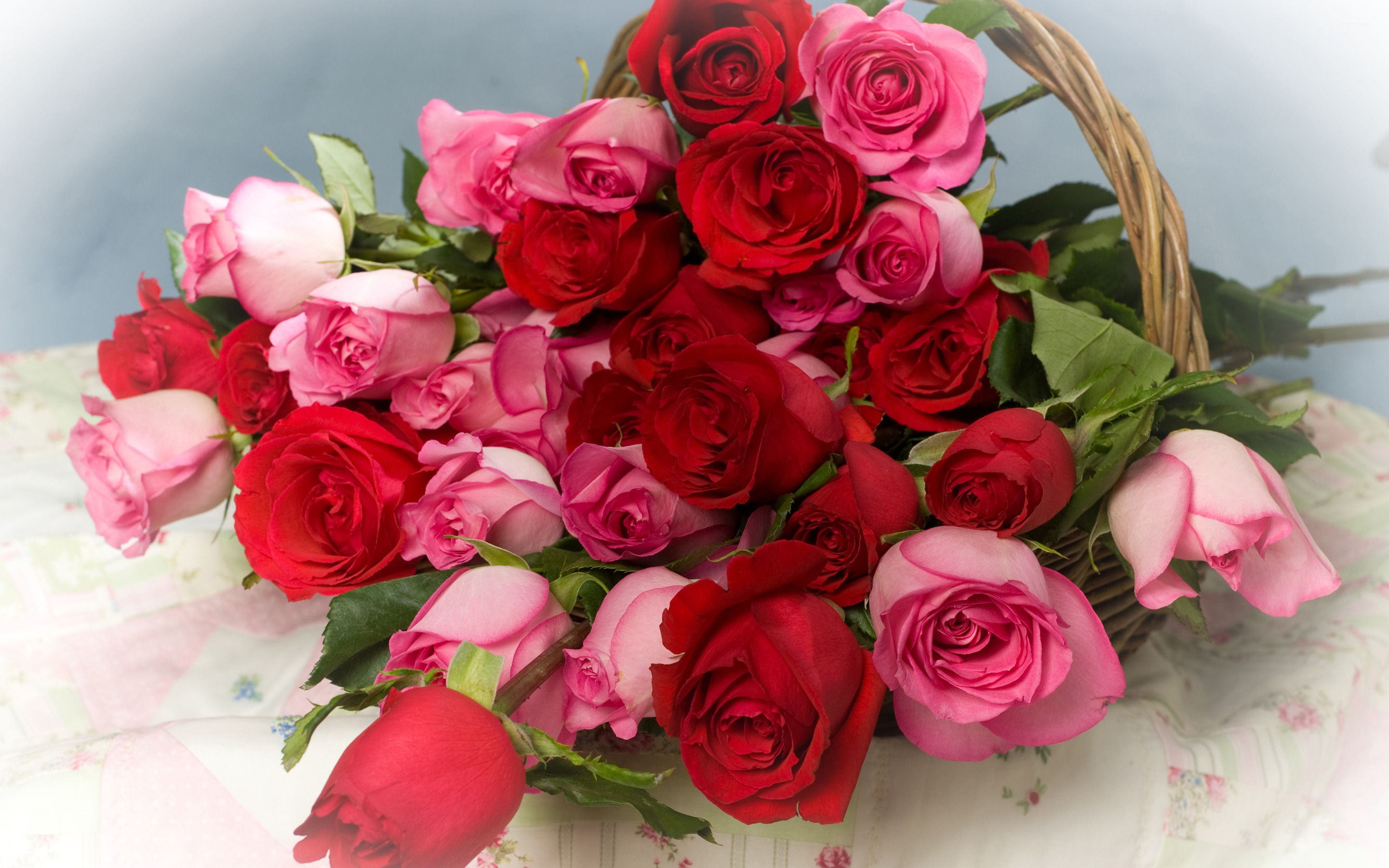 Pink And Red Roses In A Basket Wallpaper Flower