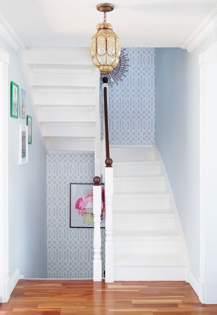 Staircase with Wainscoting and Gray Ikat Wallpaper  Transitional   Entrancefoyer