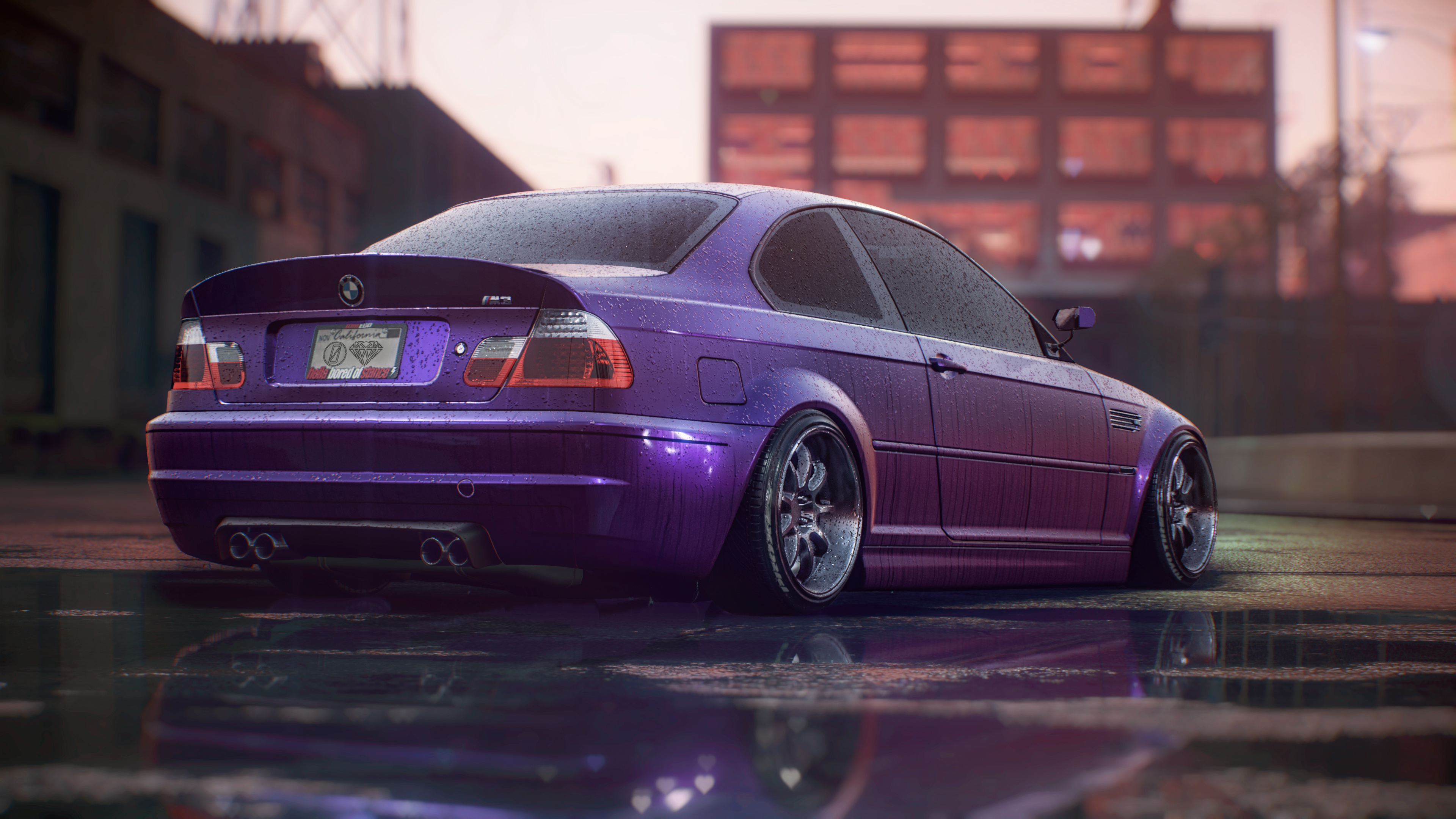 A stunning purple BMW E46 M3 parked on a wet street, reflecting city lights in the evening