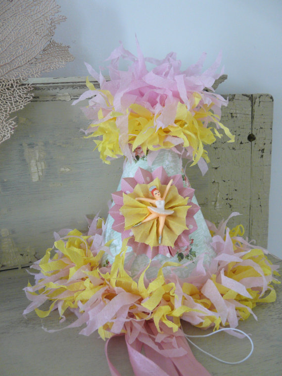 Ballerina Cake Topper Party Hat In Yellow Pink Vintage Wallpaper