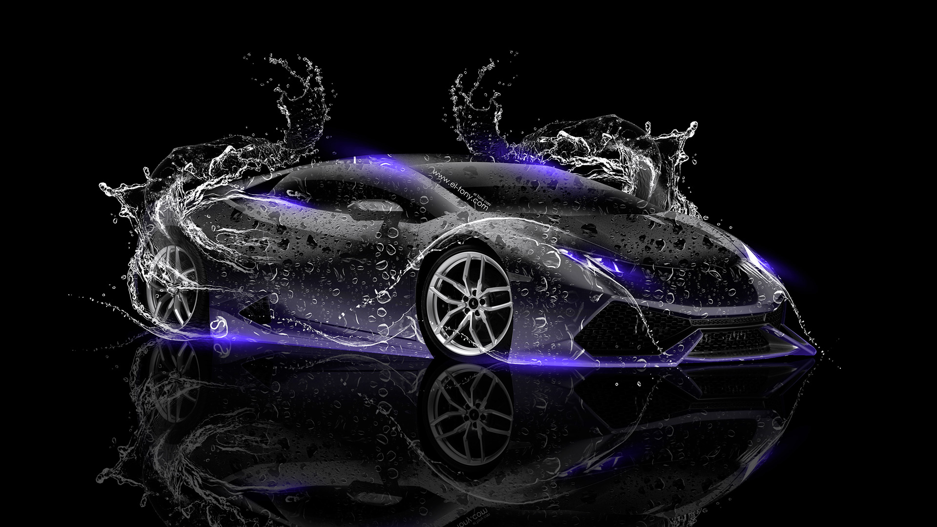 A black Lamborghini Huracán sports car with water splashes and neon lights, set against a dark background. The car's reflection is visible below