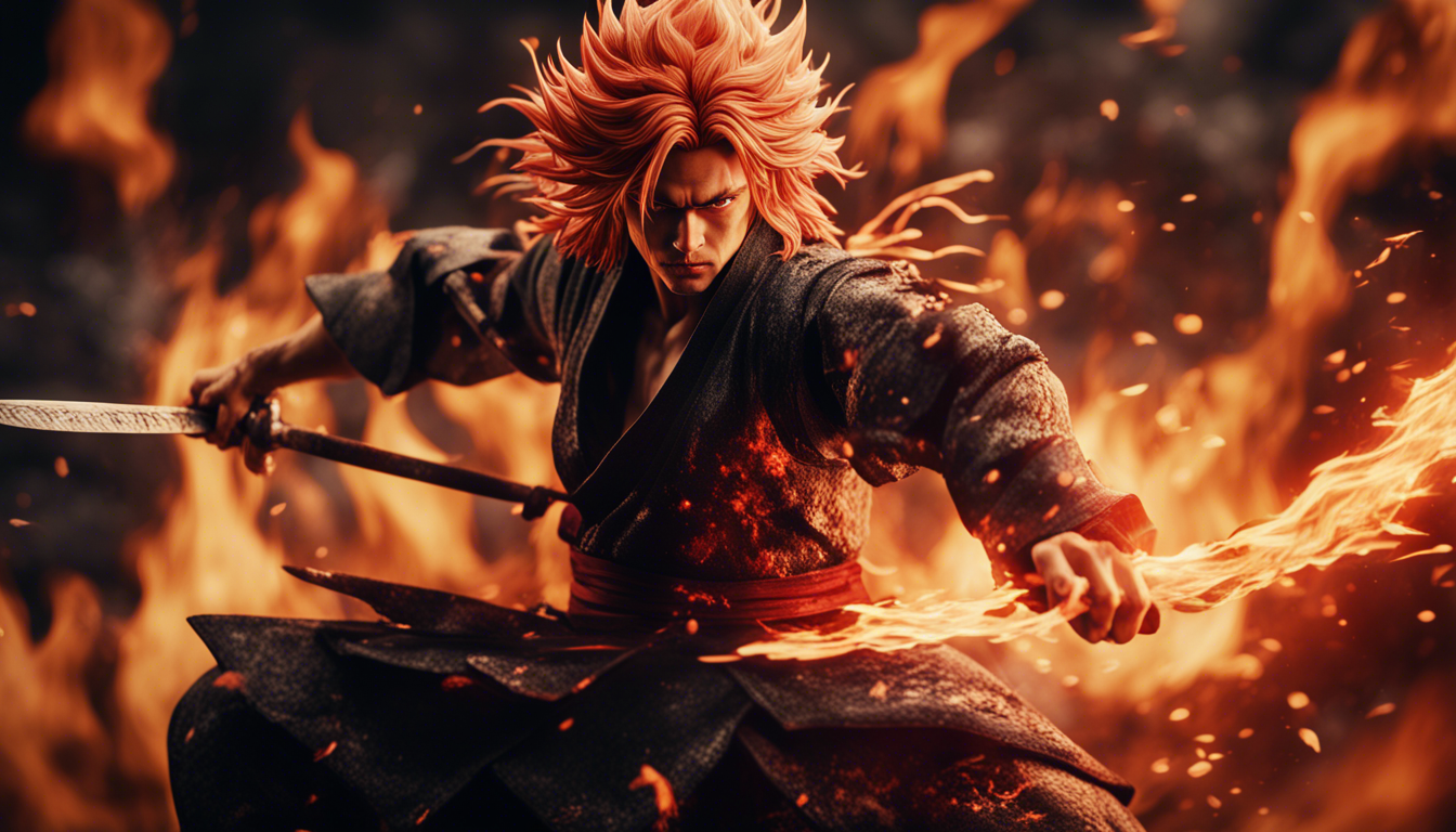 A Stunning HD Wallpaper Featuring Kyojuro Rengoku In Dynamic Battle Pose Surrounded By Flames And Showcasing His Fierce Determination Strength As Demon Slayer