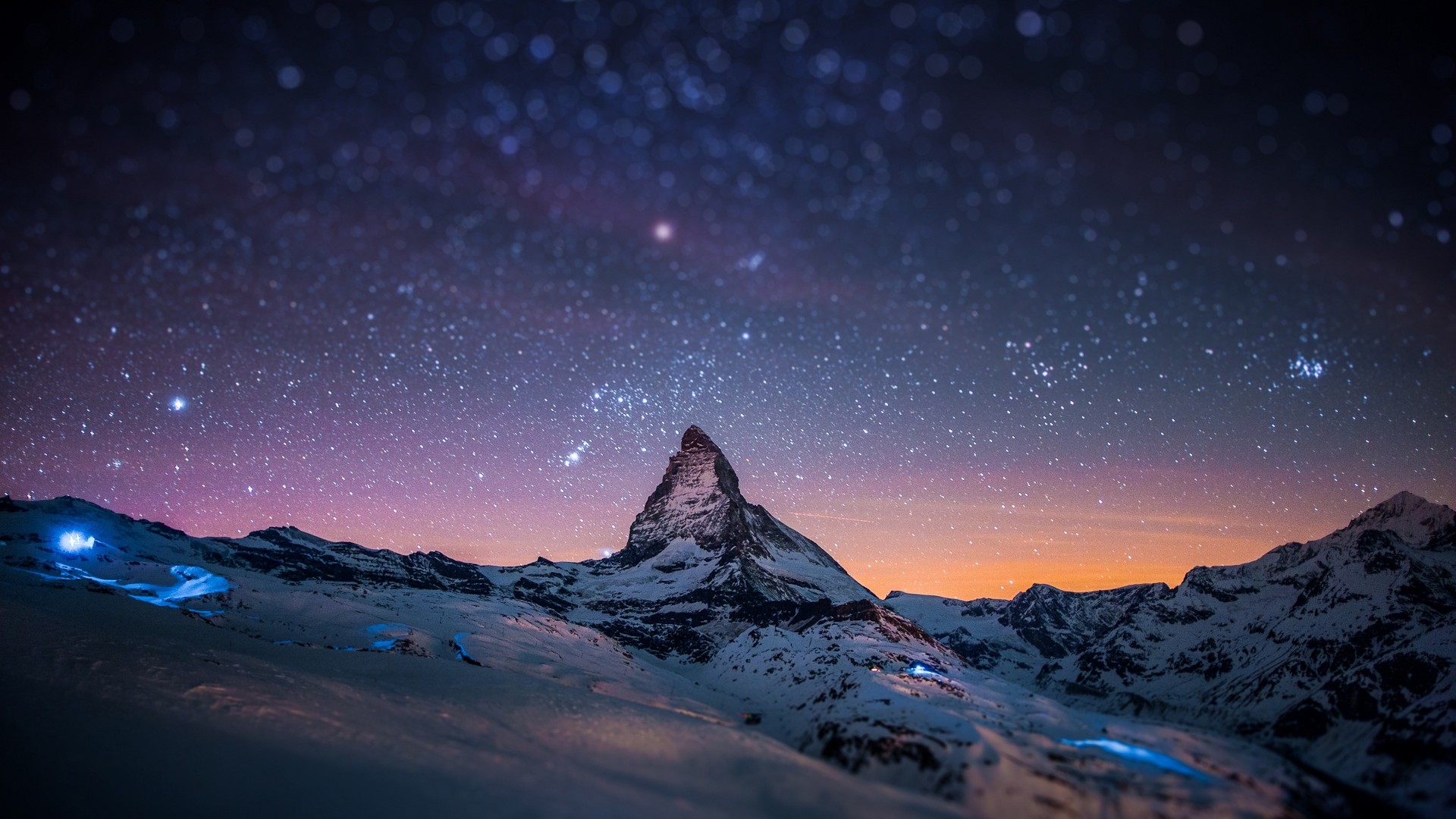 Mountain Peak Stars Sky Night Light Snow Wallpaper