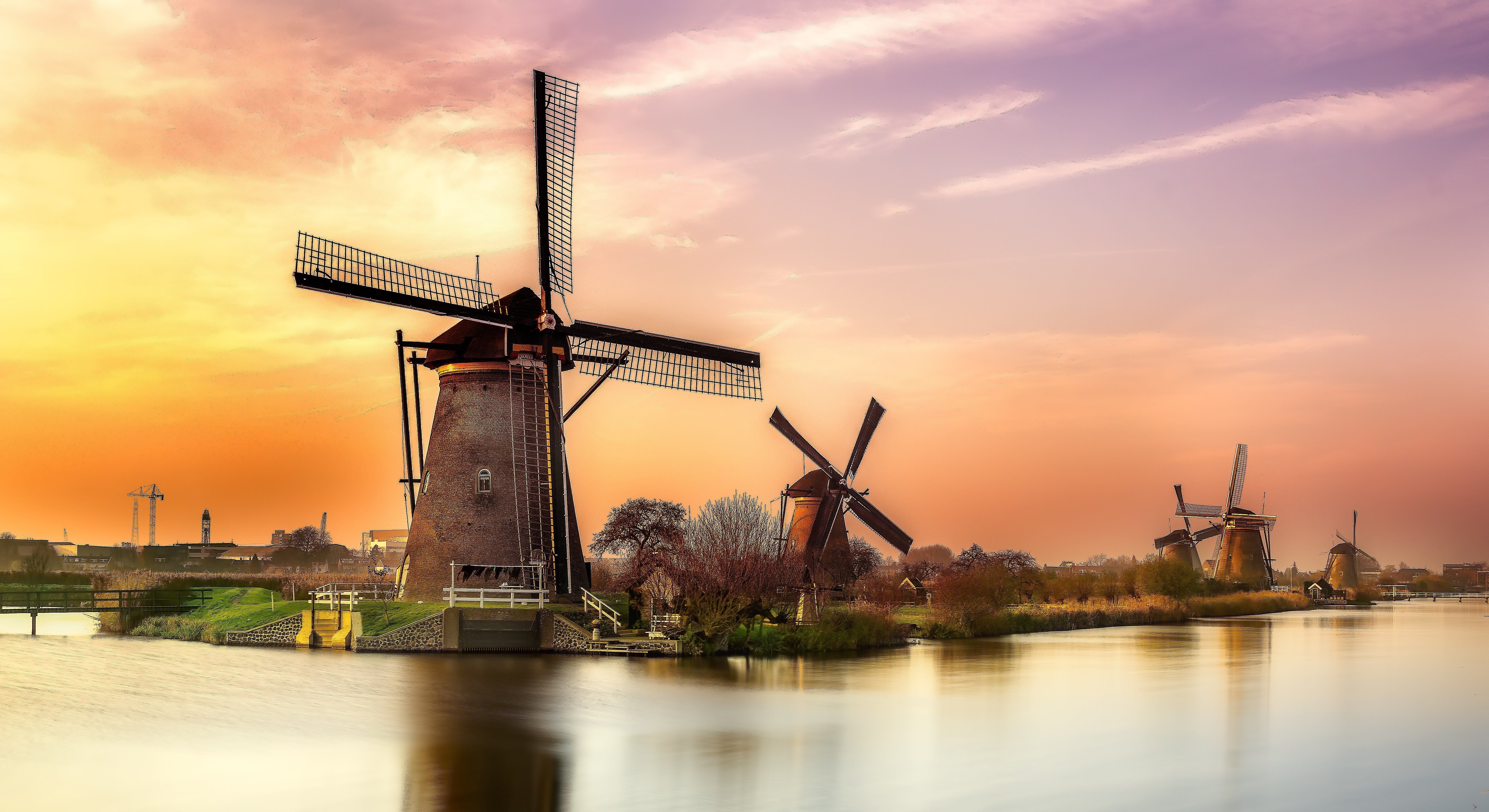 Sunset River Holland Windmill Landscape Reflection Wallpaper Amr