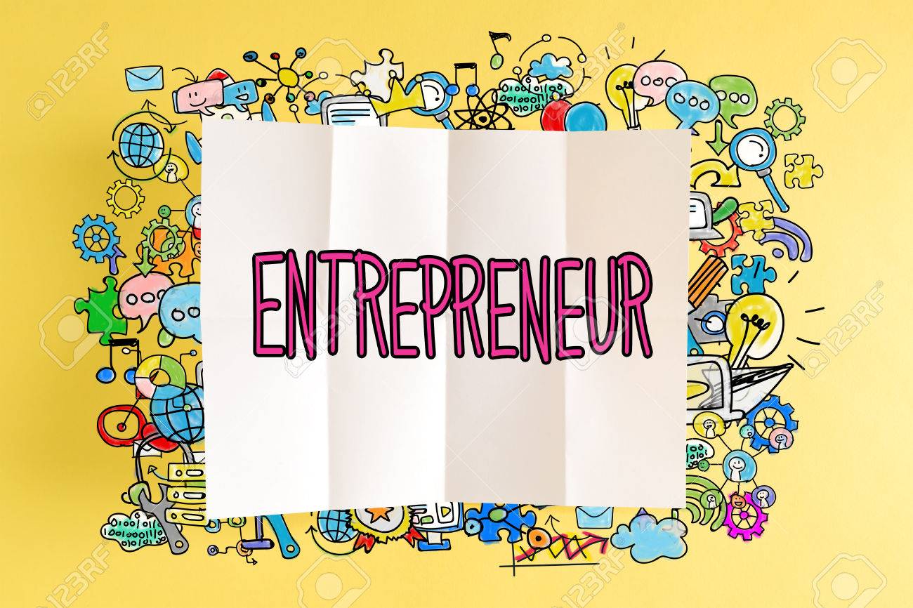 Entrepreneur Text With Colorful Illustrations On A Yellow