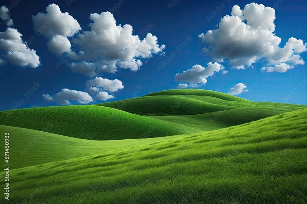 Rolling Green Hills with Blue Sky Puffy Clouds Serene Calm Happy