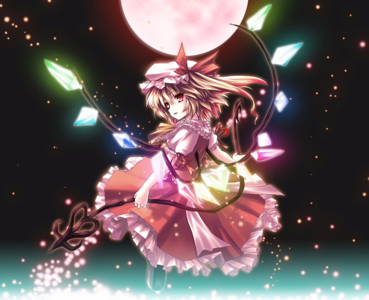 Flandre Hat Long Moon Red Ribbons Smile Touhou Wings