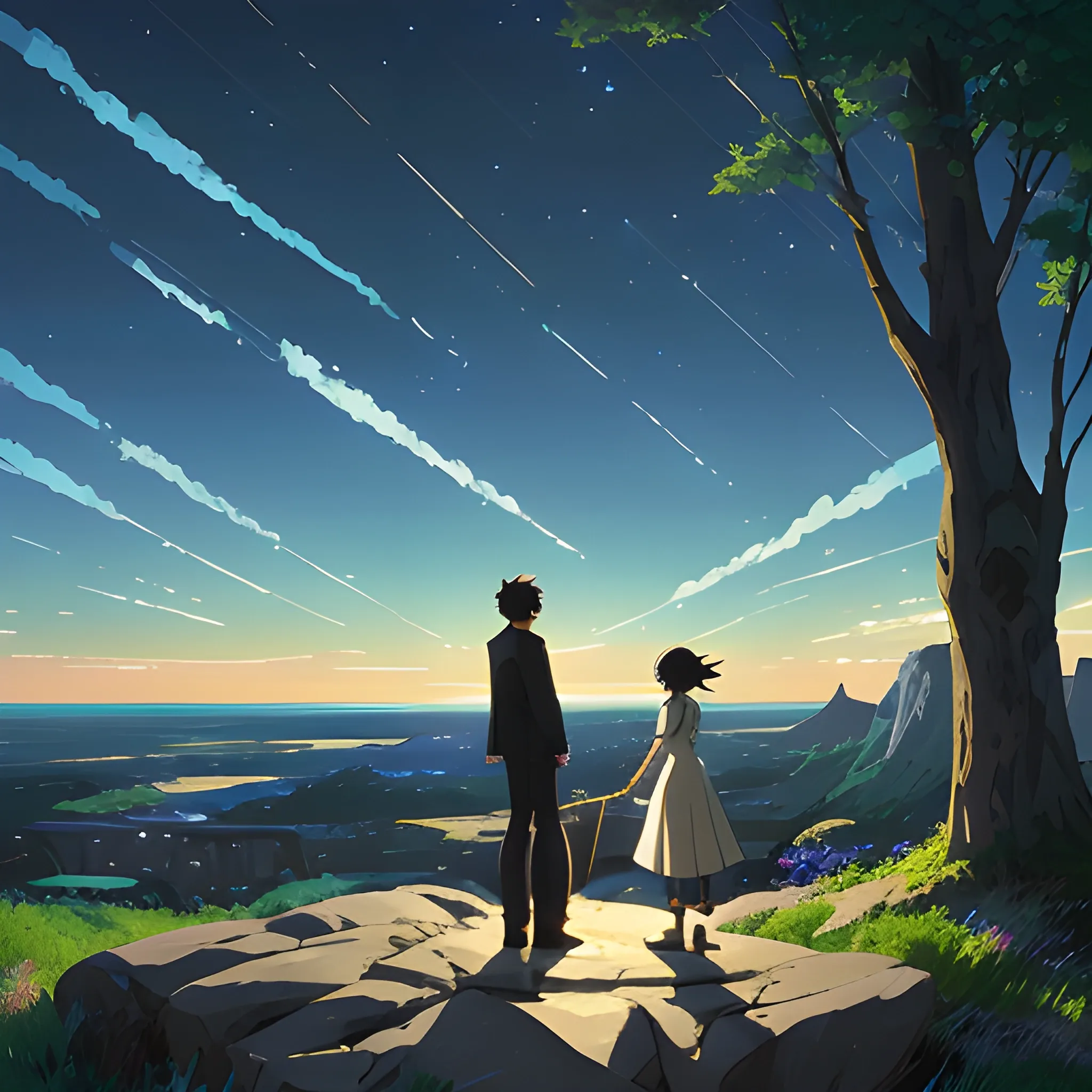 anime scenery of two people standing on a rock looking at the sk