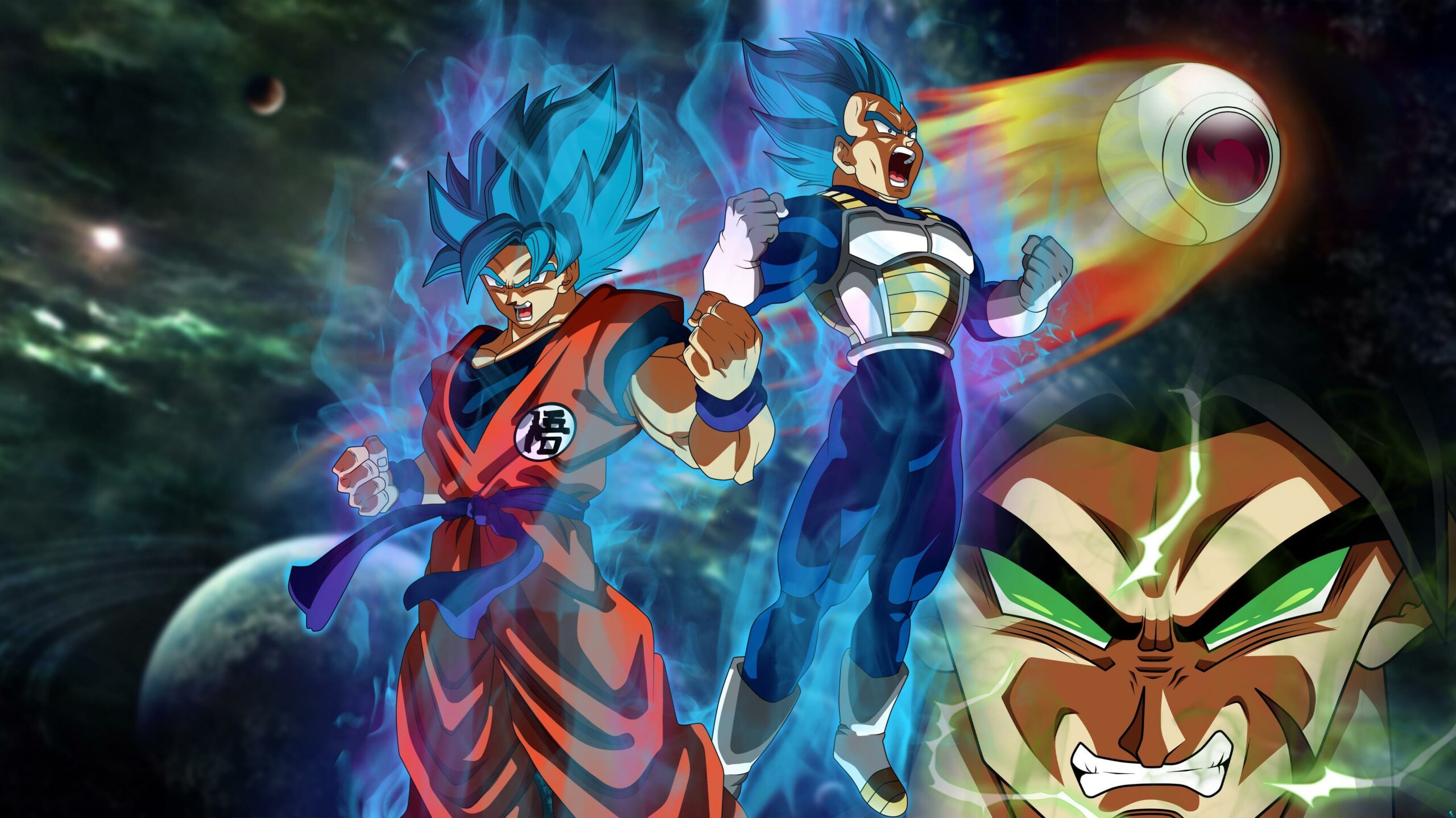 Dragon Ball Z 4k Wallpaper featuring Super Saiyan Blue Goku and Vegeta with Super Saiyan Broly in the background