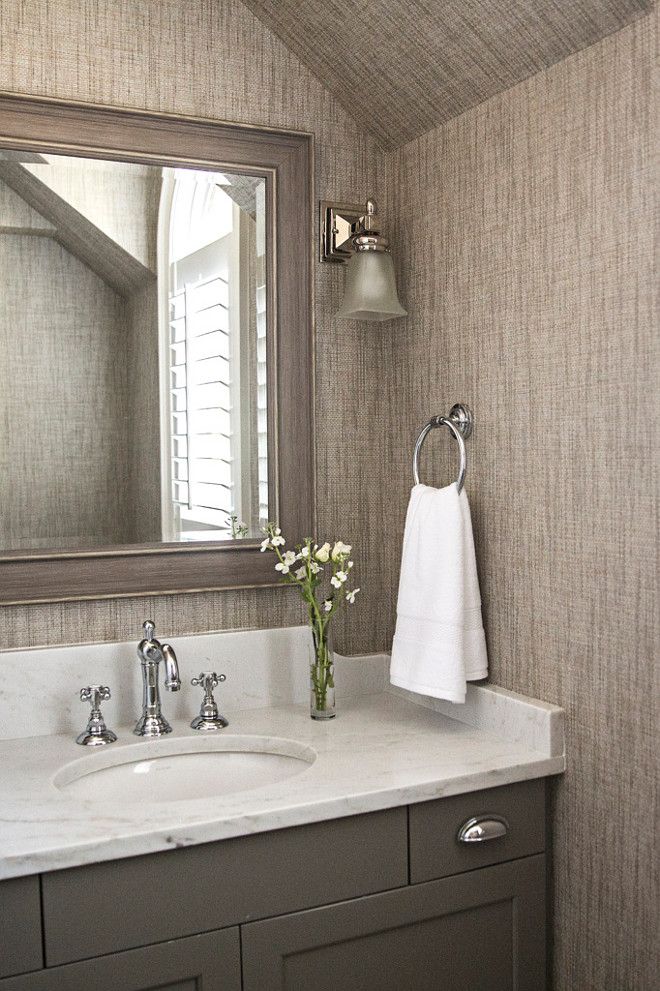 Gray Grasscloth Wallpaper with White Shaker Washstand  Transitional   Bathroom