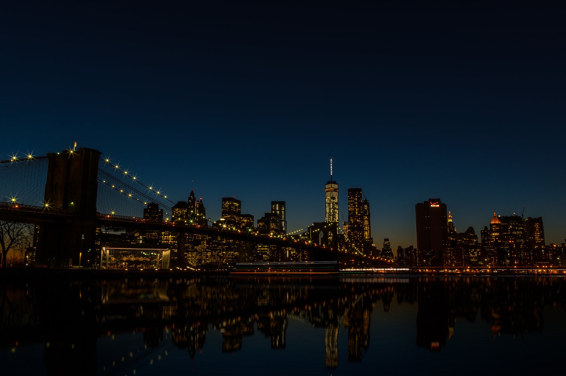 Brooklyn Bridge Skyscraper Building Reflection Night Usa City Wallpaper
