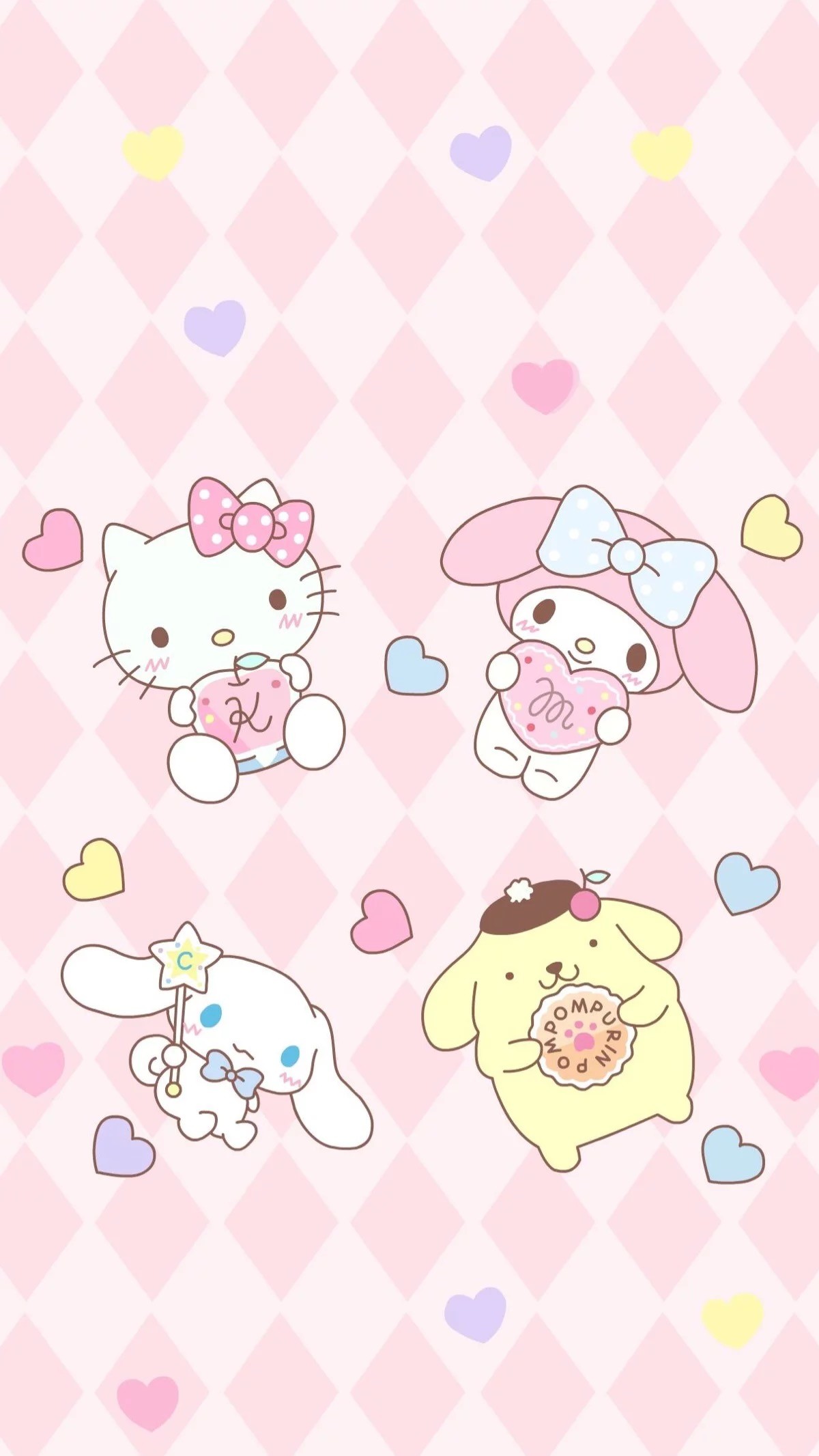 A whimsical wallpaper featuring four beloved Sanrio characters: Hello Kitty, My Melody, Cinnamoroll, and Pompompurin, each holding a sweet treat against a pastel pink diamond background