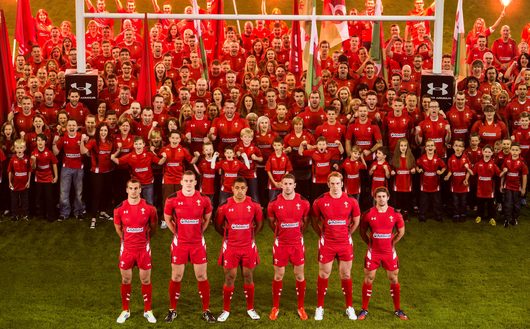 Welsh rugby fans line up alongside Wales heroes on the pitch at the