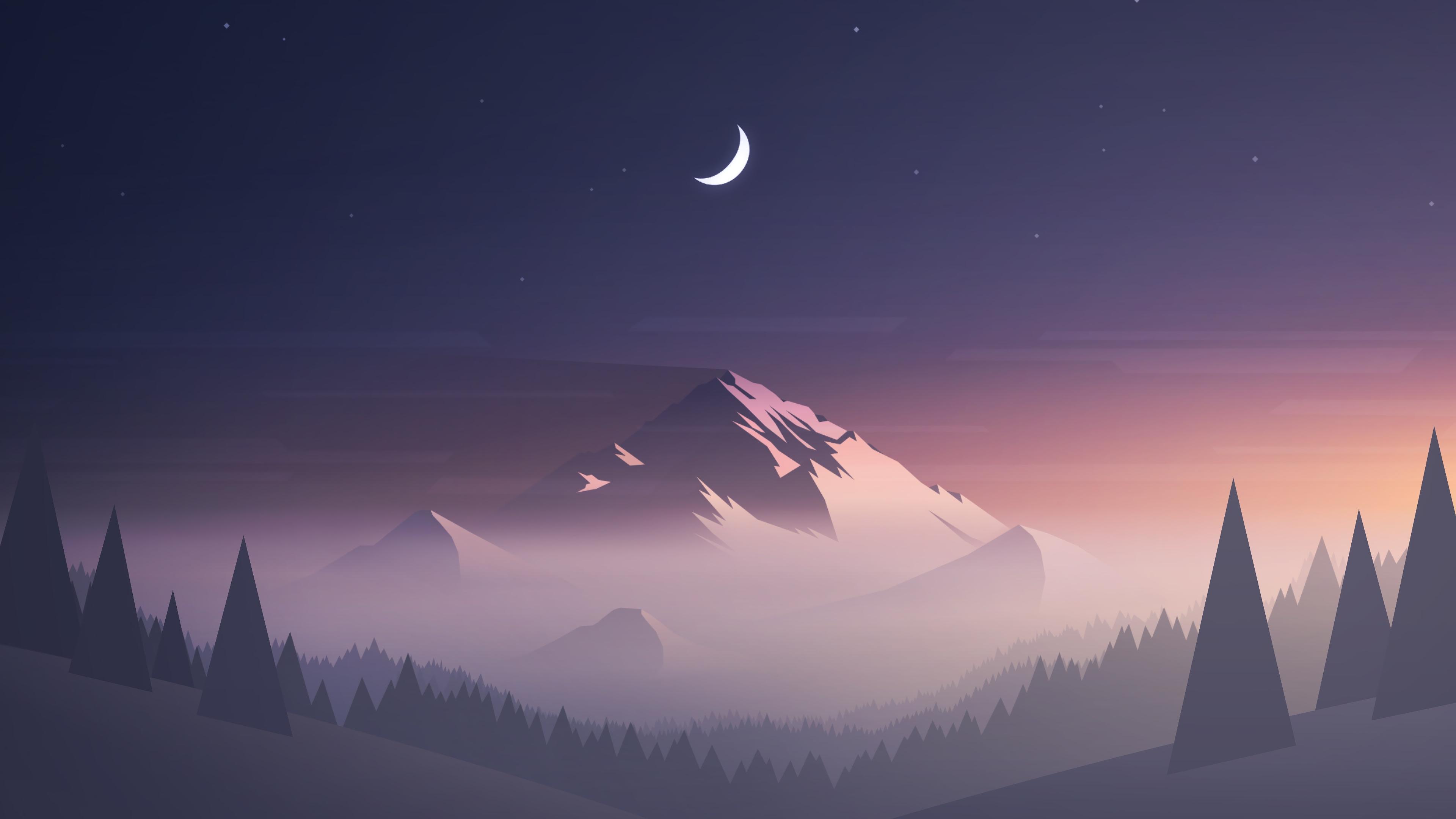 Minimalist Digital Art Mountain Landscape Night Moon 4k Wallpaper