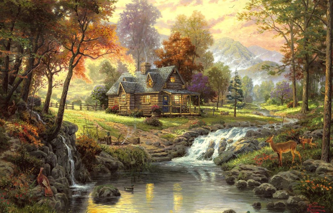 Wallpaper Autumn Stream Landscape Thomas Kinkade The Cabin In