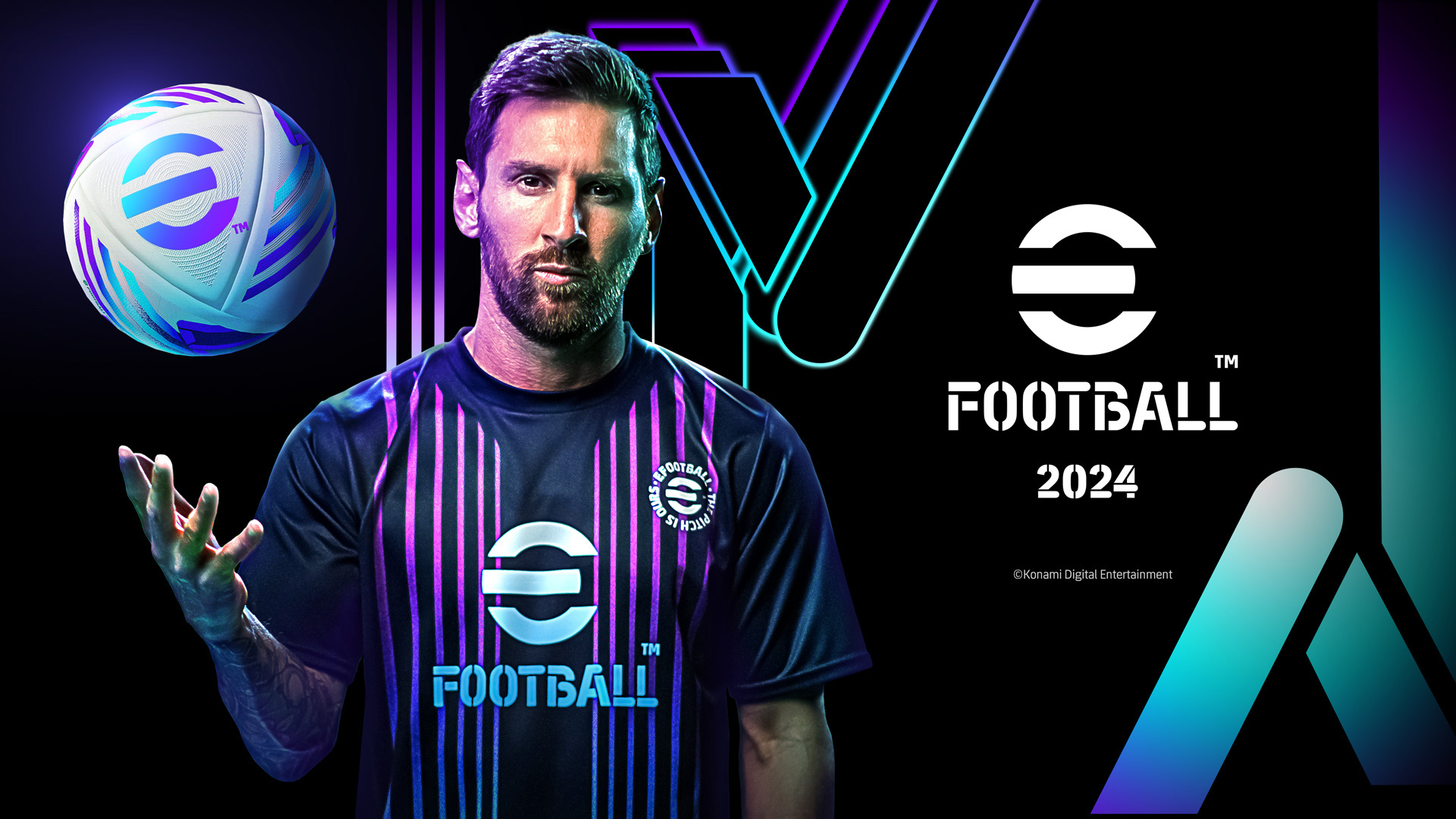 Lionel Messi, the official ambassador of eFootball 2024, poses with a football in a promotional image