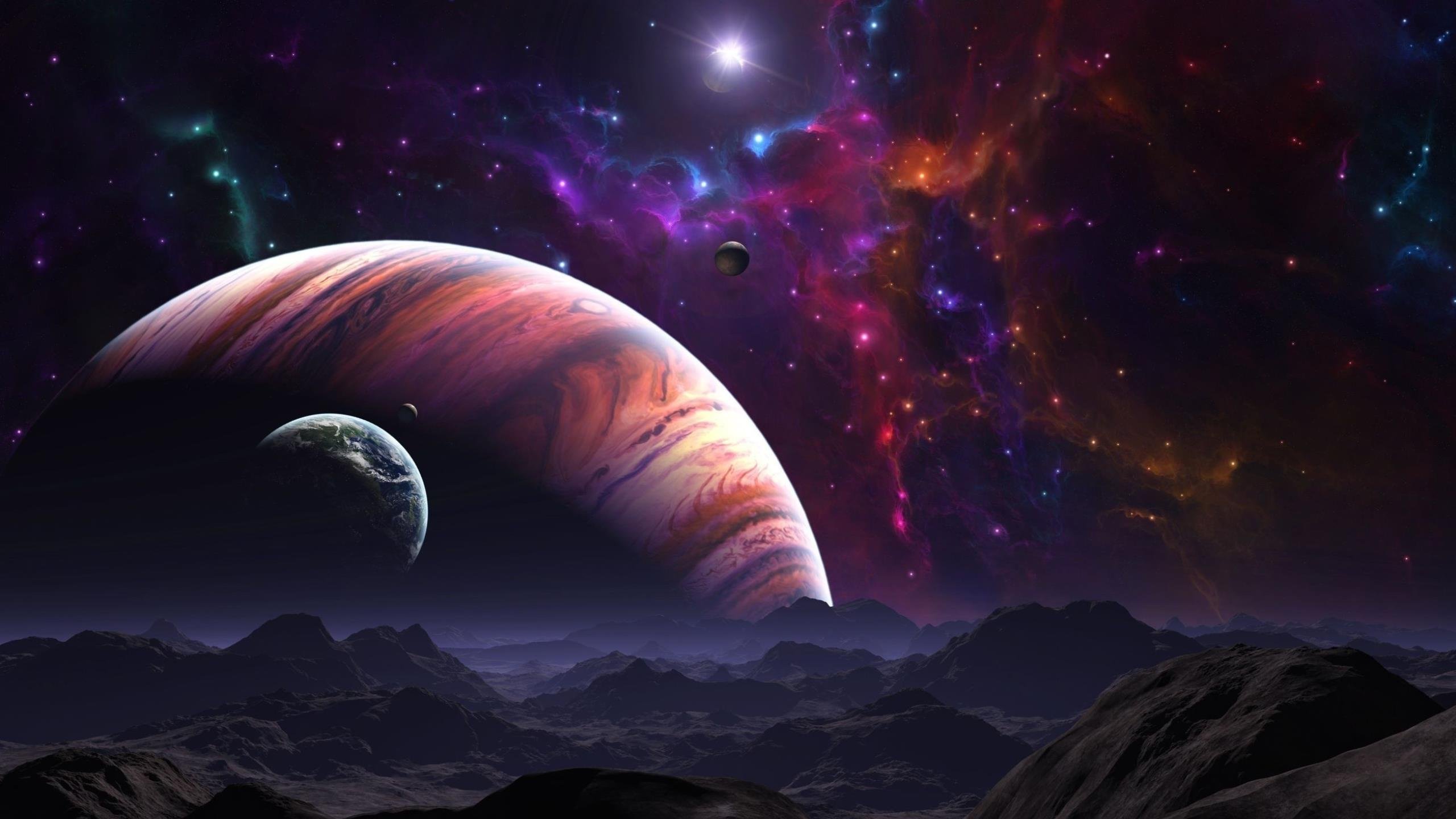 A breathtaking vista of a vibrant nebula and gas giant planet from a rocky, mountainous moonscape
