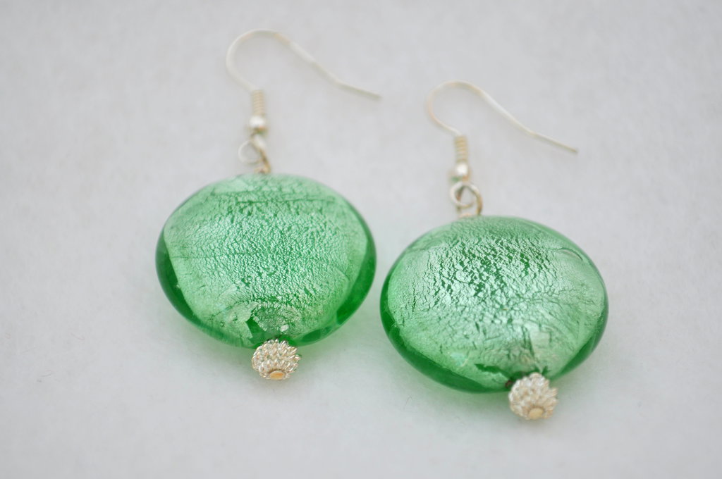 Green Murano Glass With Woven Silver Bead Earrings By Cassaflora On