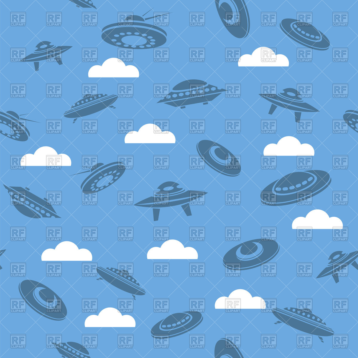 Alien Spaceship Or Flying Saucer Seamless Pattern On Blue Sky