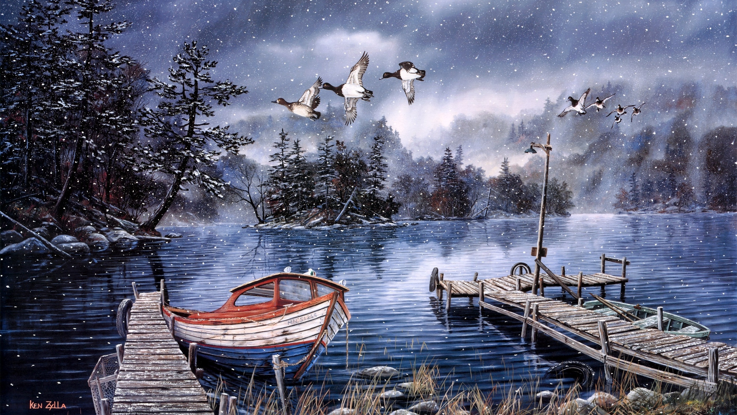 Lakes Trees Boat Boats Country Art Print Painting Wallpaper Background