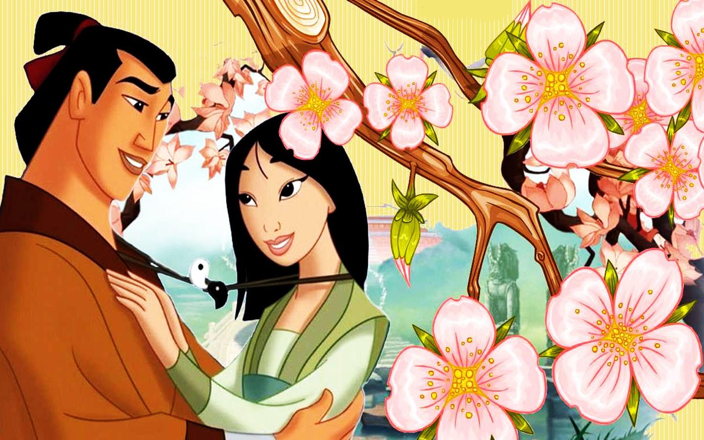 Mulan and Shang in a romantic embrace, with cherry blossoms in the foreground and a picturesque Chinese landscape in the background
