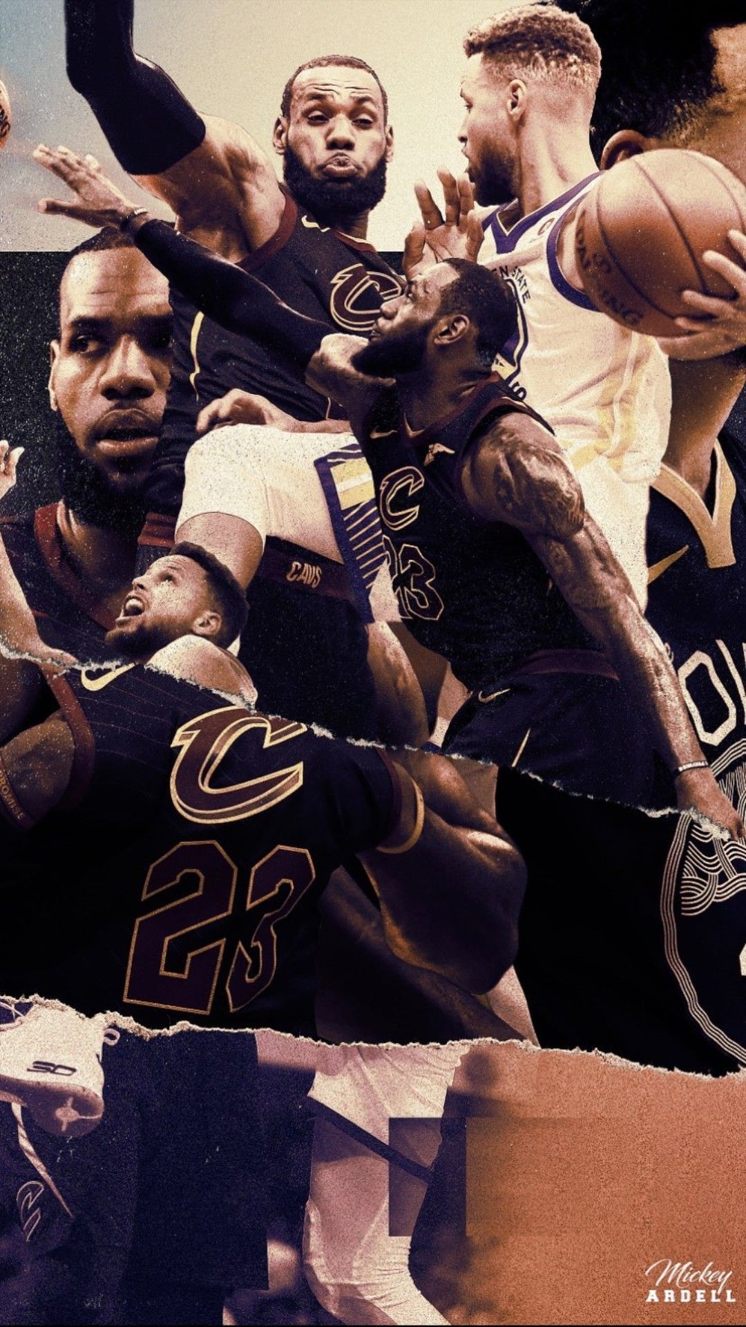 A dynamic collage featuring Lebron James and Stephen Curry, highlighting their rivalry and individual prowess on the basketball court