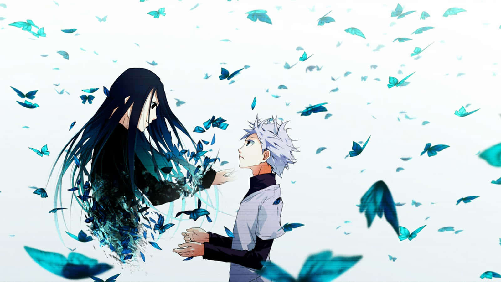 A Couple Of Anime Characters With Butterflies Flying Around Wallpaper