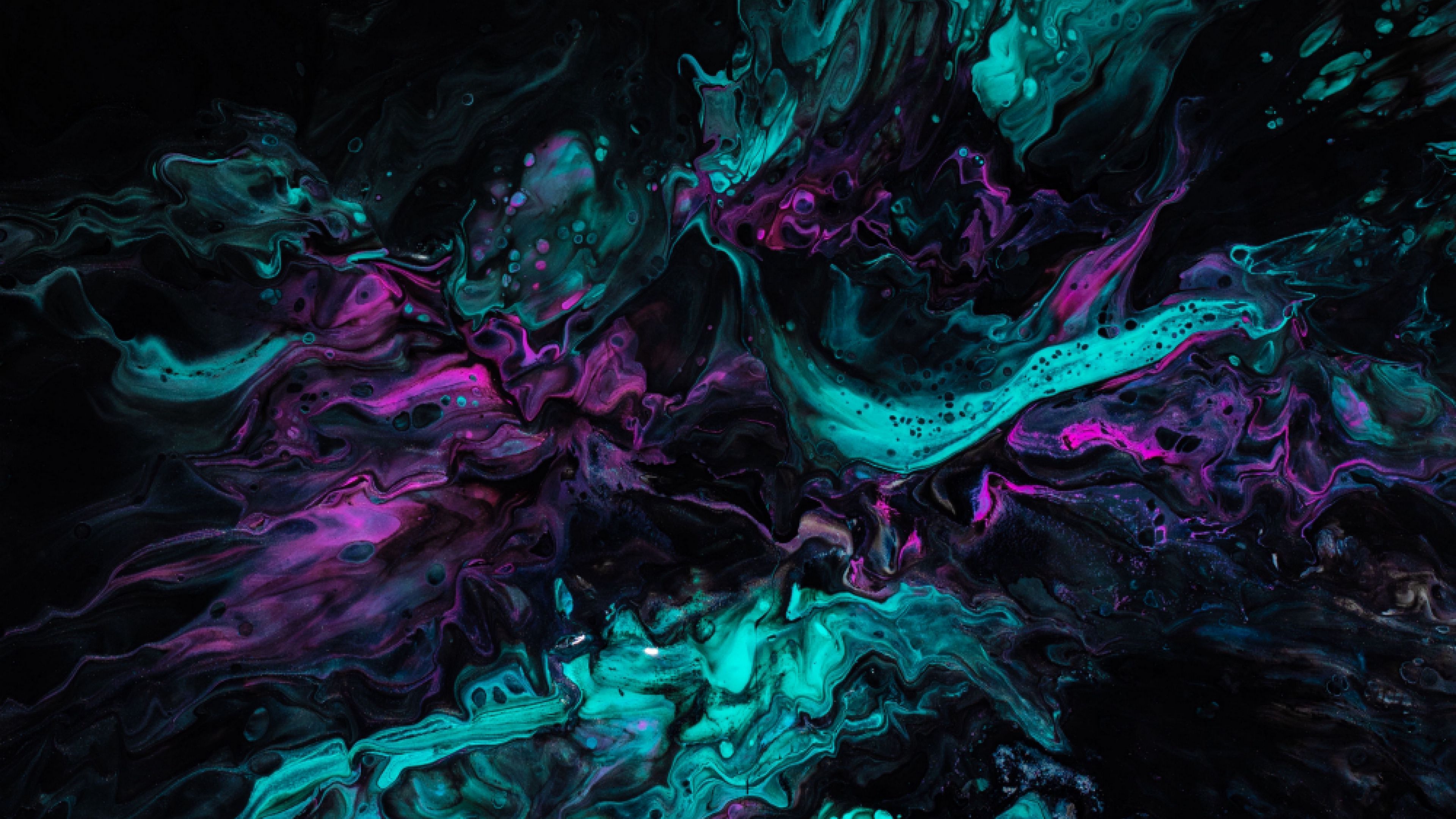 Abstract 4k wallpaper with swirling teal and purple hues on a black background