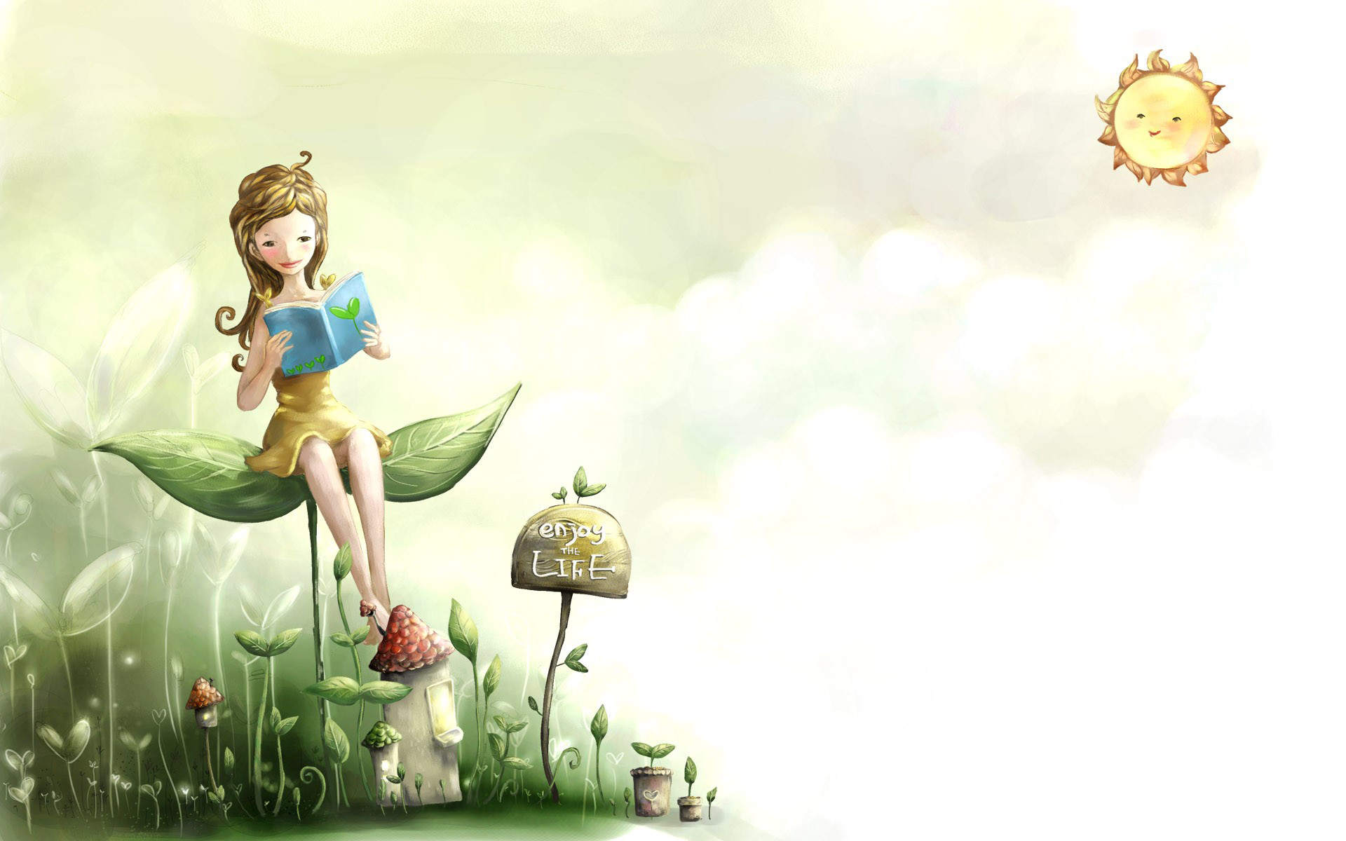 A cute cartoon girl sits on a leaf, reading a book, surrounded by whimsical plants and a smiling sun. Enjoy life