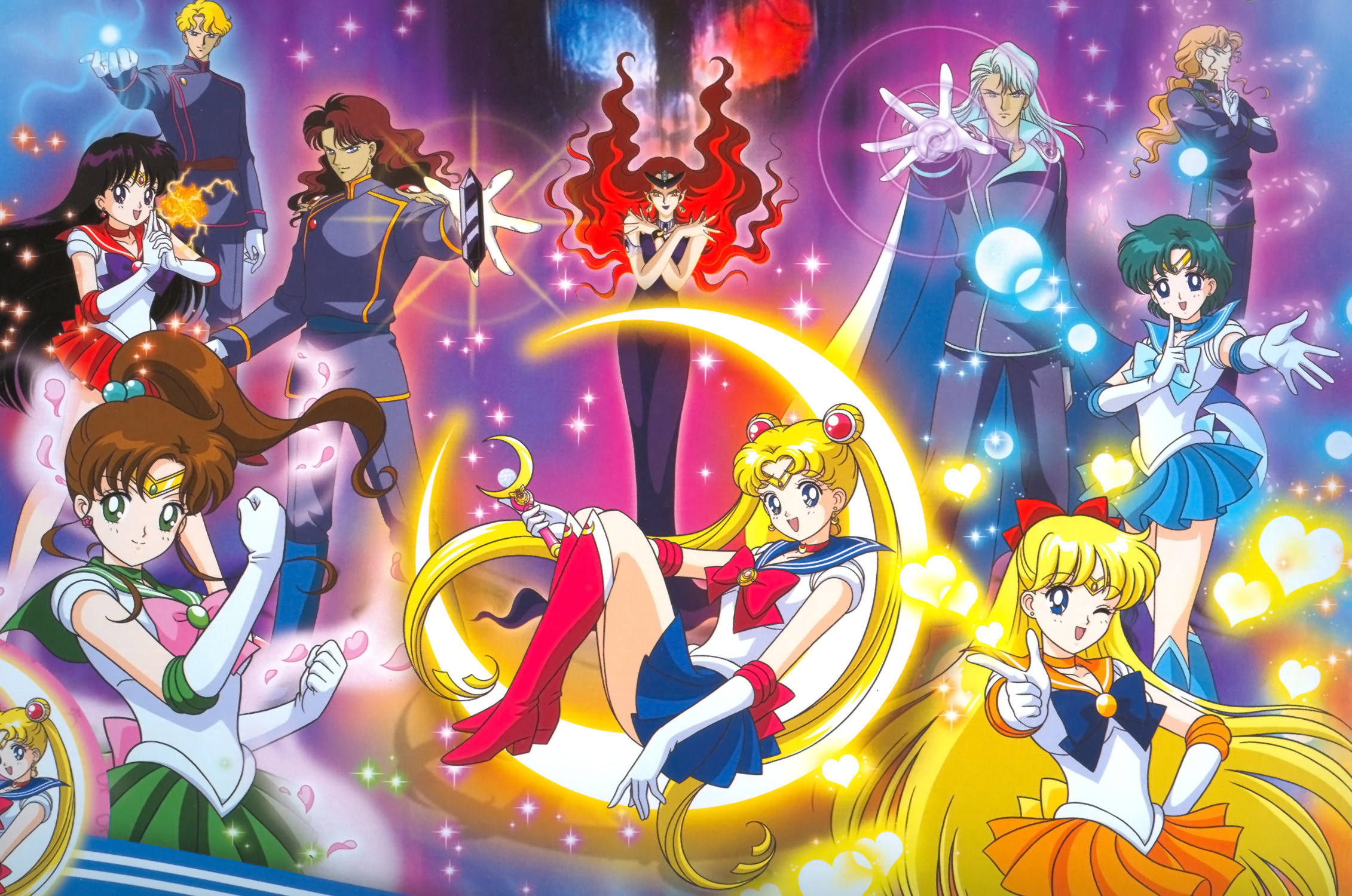 A vibrant wallpaper featuring the Sailor Guardians from the Sailor Moon anime series. Sailor Moon is prominently displayed in the center, sitting on a crescent moon, surrounded by her fellow guardians, each striking their signature pose.  The backdrop is a cosmic scene filled with stars and colorful nebulae