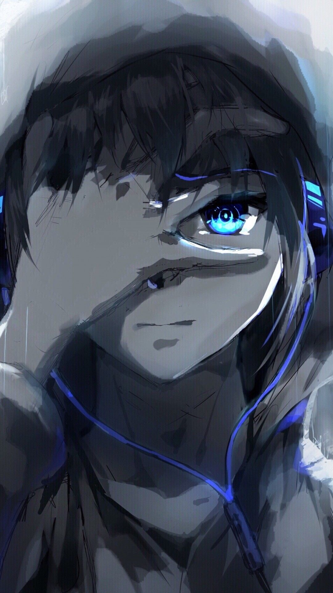 Anime Boy Hoodie Blue Eyes Headphones Painting Animasi