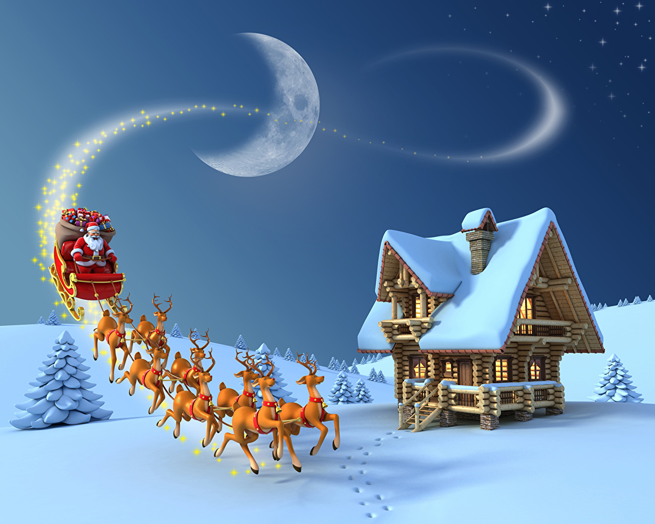 Wallpaper Deer Christmas Sleigh Winter Nature Santa Claus Sky Moon