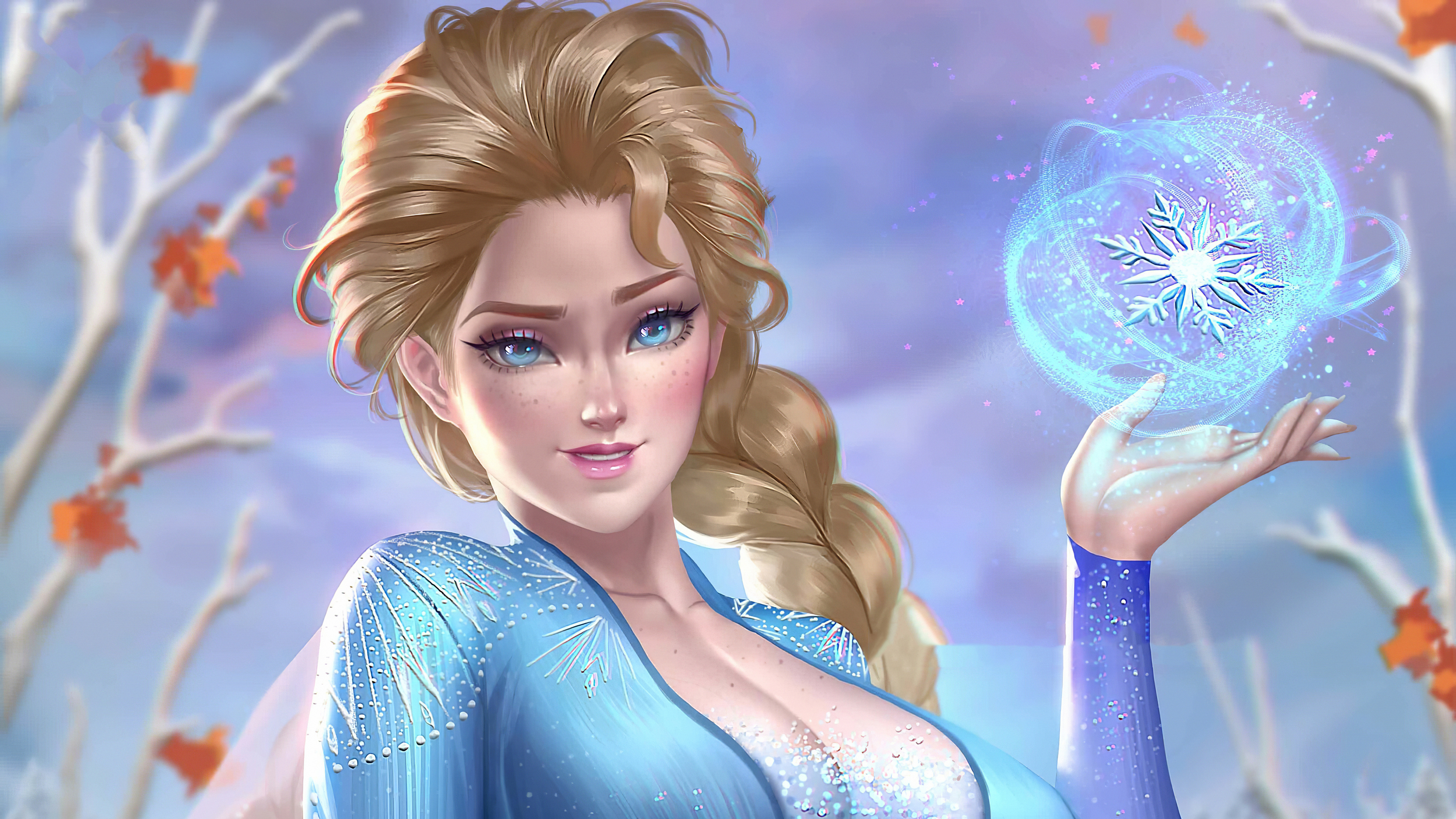 A stunning digital art piece featuring Elsa from Disney's Frozen, conjuring a snowflake with her magical powers. This wallpaper captures her elegance and icy charm