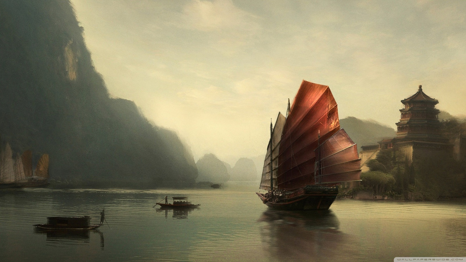 Junk Ship Chinese Painting 4k HD Desktop Wallpaper For Ultra
